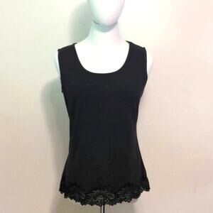 Coldwater Creek Scoop Neck Sleeveless Lace Hem Cotton Black Tank Top Size M